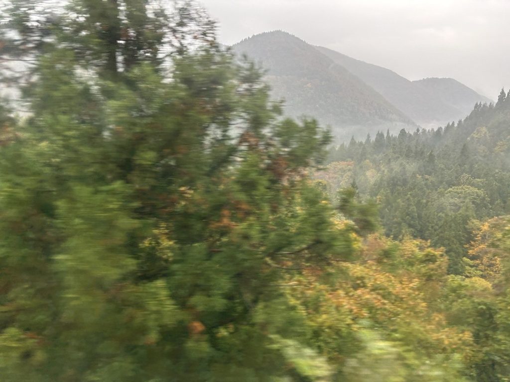 秋田新幹線の車窓から見えた紅葉の山